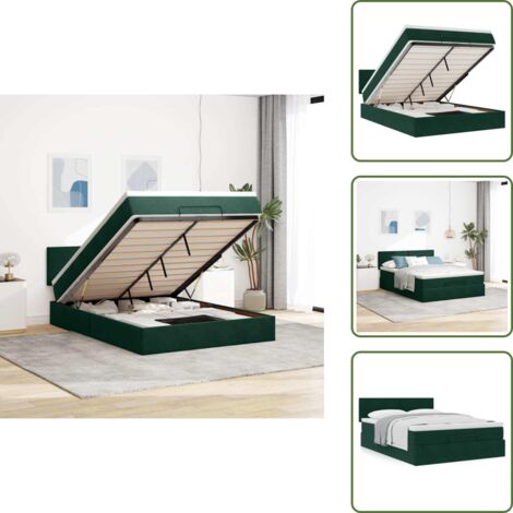 Cama con mecanismo de elevación - vidaXL Estructura de cama otomana con colchón verde oscuro 140x200 cm - Cama con cabecero