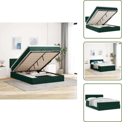 Cama con mecanismo de elevación - vidaXL Estructura de cama otomana con colchón verde oscuro 140x200 cm - Cama con cabecero