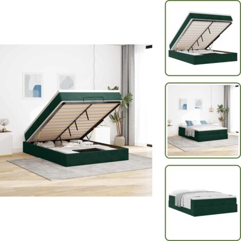 Cama con mecanismo hidráulico - vidaXL Estructura de cama otomana con colchón verde oscuro 140x200 cm - Cama con muelles ensacados