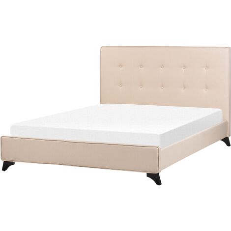 Cama con somier de poliéster beige negro 140 x 200 cm cabecero acolchado somier patas madera caucho Ambassador