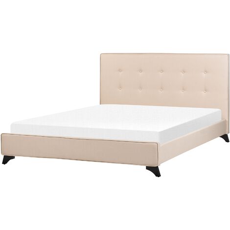 Cama con somier de poliéster beige negro 160 x 200 cm cabecero acolchado somier patas madera caucho Ambassador