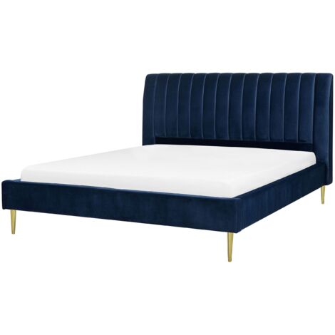 Cama con somier de terciopelo azul marino 180 x 200 cm reposacabezas alto vintage