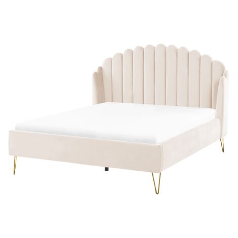 Cama con somier de terciopelo beige claro dorado 140 x 200 cm cabecero Ambillou