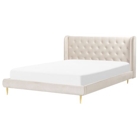 Cama con somier de terciopelo beige dorado 160 x 200 cm cabecero capitoné Forbach