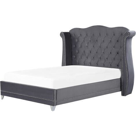 Cama con somier de terciopelo gris 140 x 200 cm listones cabecero capitoné Ayette - Gris