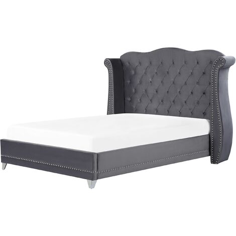 Cama con somier de terciopelo gris 180 x 200 cm listones cabecero capitoné Ayette - Gris