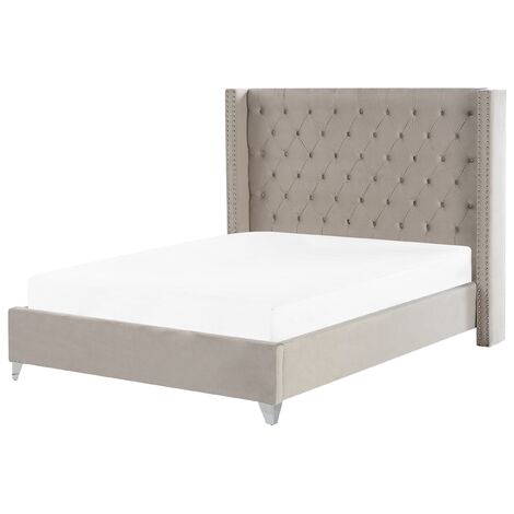 Cama con somier de terciopelo gris claro plateado 160 x 200 cm listones Lubbon - Gris