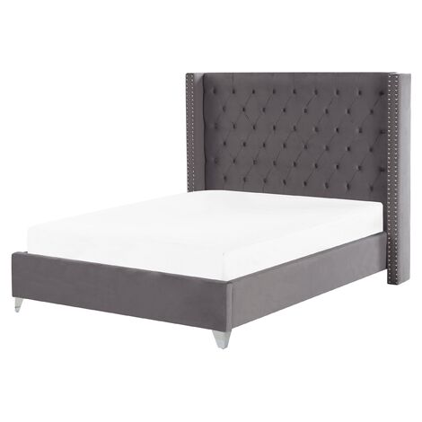Cama con somier de terciopelo gris plateado 140 x 200 cm listones Lubbon - Gris