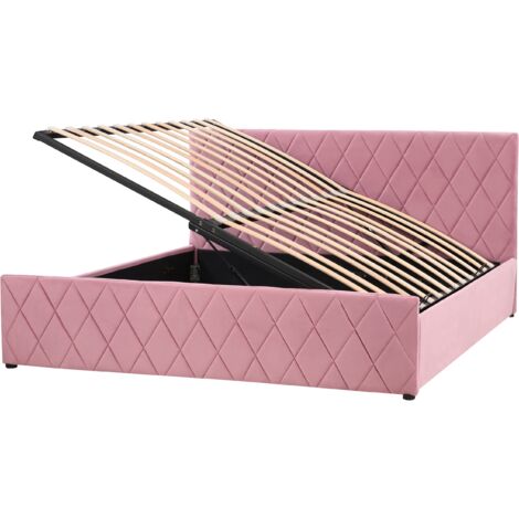 Cama con somier de terciopelo rosa 180 x 200 cm almacenaje cabecero Rochefort