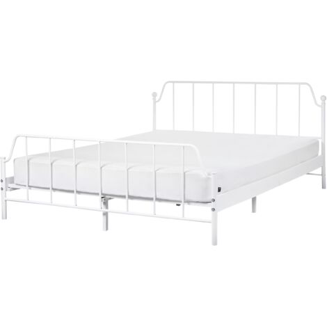 Cama con somier minimalista moderno listones de madera de álamo metal blanco 160 x 200 cm Mauressac