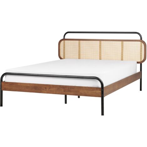 Cama con somier moderna cabecero trenza vienesa madera de caucho oscura 140 x 200 cm Boussicourt