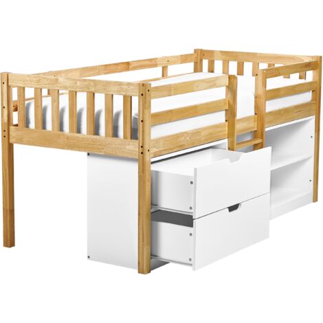 Cama con somier y almacenaje infantil 90 x 200 cm cajones y estantes de madera de caucho madera clara Susville