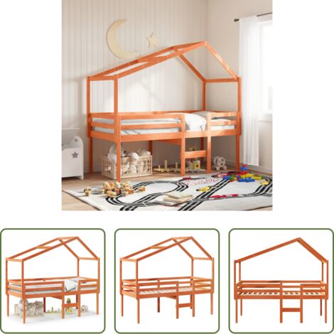 Cama con techo -  Cama alta con techo madera maciza de pino marrón cera 75x190 cm