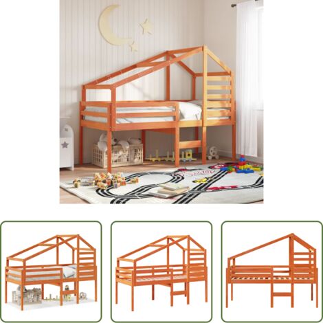 Cama con techo -  Cama alta con techo madera maciza de pino marrón cera 90x190 cm