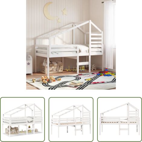 Cama con techo -  Cama alta con techo madera maciza pino blanca 75x190 cm