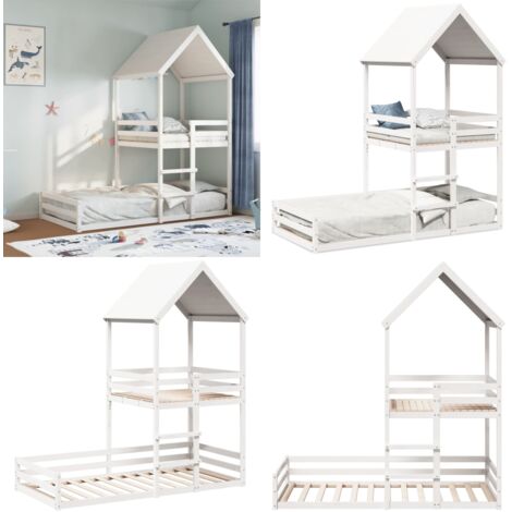 Cama con techo madera maciza de pino blanco 90x200 cm - Cama de madera - Cama infantil