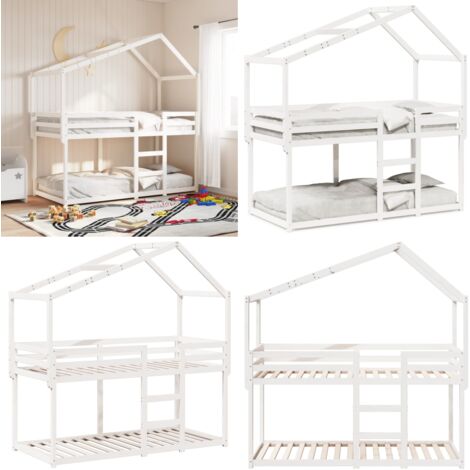Cama con techo madera maciza de pino blanco 90x200 cm - Cama infantil - Cama con techo de madera