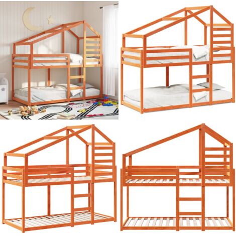 Cama con techo madera maciza pino marrón 80x200 cm - Cama infantil - Cama alta