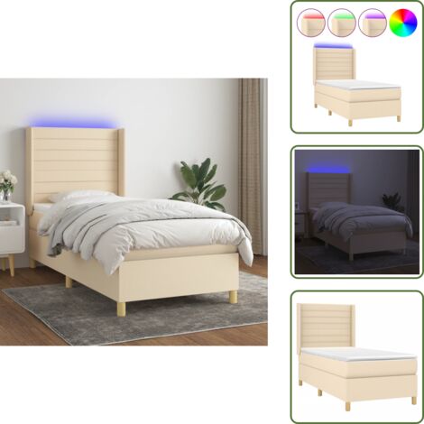 Cama con techo - vidaXL Cama box spring colchón y luces LED tela color crema 90x190 cm - Cama con cabecero ajustable