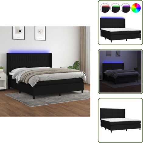 Cama con techo - vidaXL Cama box spring colchón y luces LED tela negro 180x200 cm - Cama con cabecero ajustable