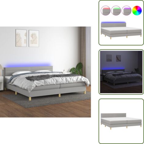Cama con tela - vidaXL Cama box spring con colchón tela y LED gris claro 200x200 cm - Cama con muelles ensacados