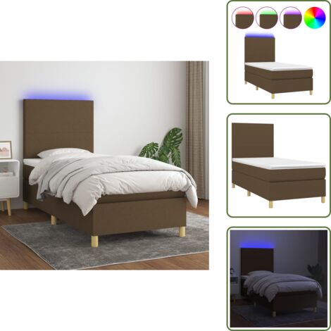 Cama con tira LED - vidaXL Cama box spring colchón luces LED tela marrón oscuro 100x200cm - Cama con cabecero ajustable