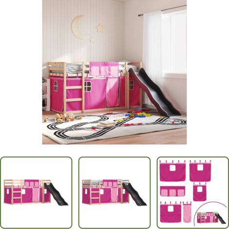 Cama con tobogán -  Litera con tobogán y cortinas rosa 80x200 cm