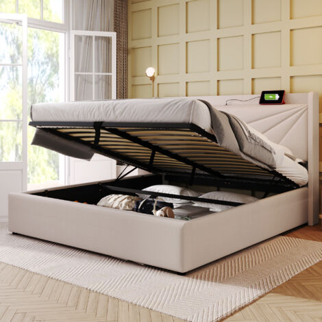 Cama contenedor 180x200 cm con USB Tipo C cabecero y somier de lino beige(sin colchón)