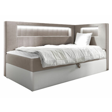 Cama continental Lucus VIII, Soft 017 + Fresh 1, Individuales, Continental, 100x200, Cuero ecológico, Tapiz, Somieres, 112x212x104cm, LED