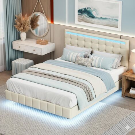 Cama de 140 x 200 cm - Cama doble flotante de 140 y somier - Cabecero ajustable con LED RGB y 2 puertos USB - En lino beige