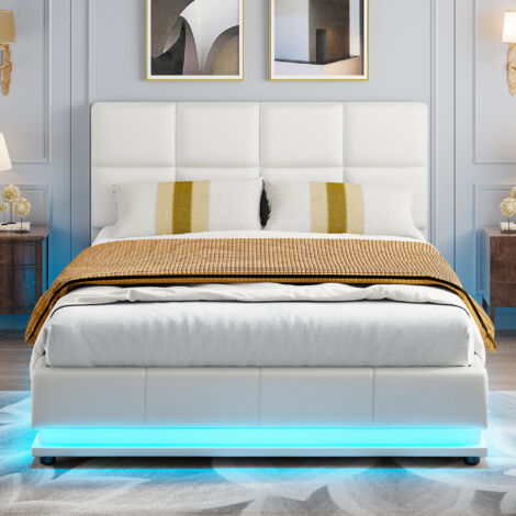 Cama de 140x190 con somier, Cama doble 140x190, Cama de 140, Cama moderna con almacenaje, cabecero ajustable, LED integrado, PU impermeable, Blanco