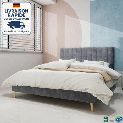 Cama de 140x200 - Cama para adultos tapizada en tela - Revestimiento de lana holandesa - capitoné - Minimalista y elegante - Madera con certificación PEFC - Gris
