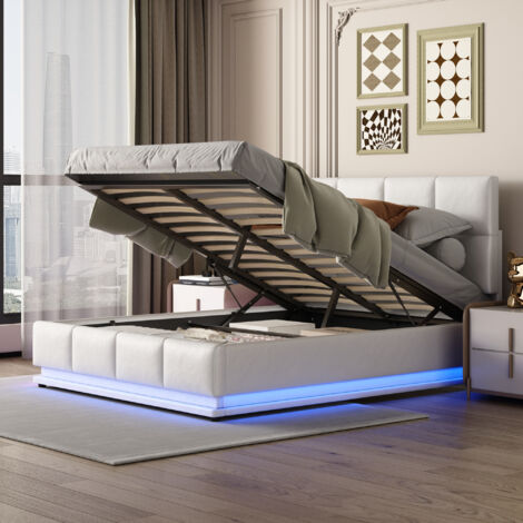 Cama de 140x200 cm con canapé, cama doble con almacenaje hidráulico, iluminación LED de 16 colores, somier integrado, tapizado en piel sintética blanca, capacidad de carga 350 kg