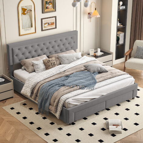 Cama de 160 x 200 cm, cama con arcón, con cabecero acolchado, grandes cajones de almacenamiento a los pies de la cama, cama de terciopelo gris