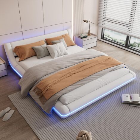 Cama de 160 x 200 cm - Cama doble de 160 x 200 - Cama baja de diseño moderno con LED y luz ambiental conectada a la app - en imitación de cuero PU blanco
