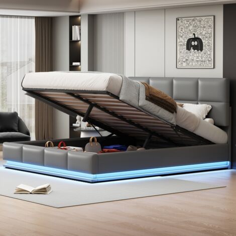 Cama de 180x200 cm - cama con canapé de 180x200 - cama doble con LED, somier de láminas - en imitación de cuero gris