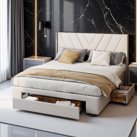 Cama de Adulto 160x200 con 3 Cajones con Ruedas, Beige y Cabecera Acolchada, Somier de Lamas de Tela de Lino, Estilo Moderno Retro