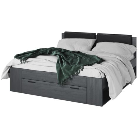 Cama de adulto 180x200 con cajones integrados - Colección FLOYD, Color gris efecto madera