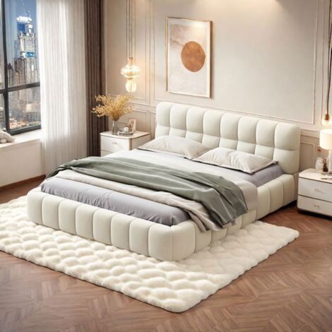Cama de adulto - TANANT - Cama doble acolchada moderna - 140 x 190 cm - Tejido de lino beige - Diseño contemporáneo
