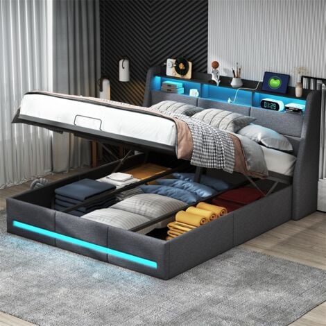 DANS LES NUAGES Cama de almacenamiento 140x190 cm con iluminación LED ajustable - cabecero con almacenamiento - puerto USB - tela de lino - somier de lamas - marco metálico - Gris