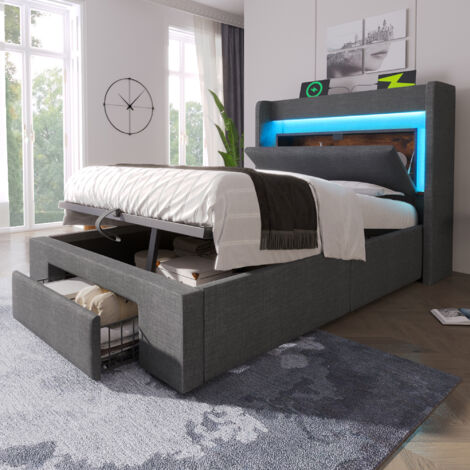 Cama de almacenamiento para infantil de 90x200 cm con LED, USB/USB-C, 1 cajón, somier de láminas, sin colchón, lino gris