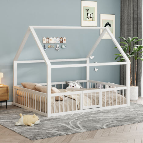 Cama de cabina para adultos de 140 x 200 cm, estructura de metal blanco, diseño de techo con barandillas de seguridad.