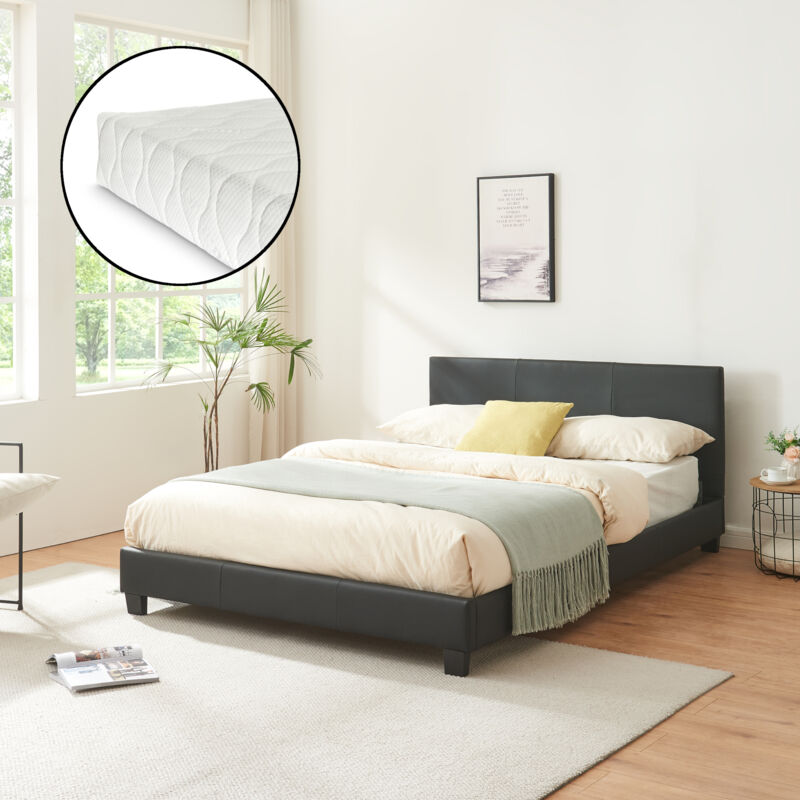 

Corium - Cama de cuero sintético moderna - con colchón de espuma fría (140 x 200) (negro)