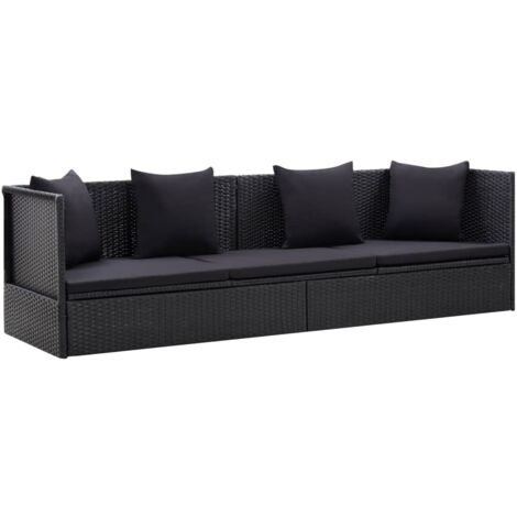 Cama de jardín con cojín y almohada de resina tejida negra 020011999
