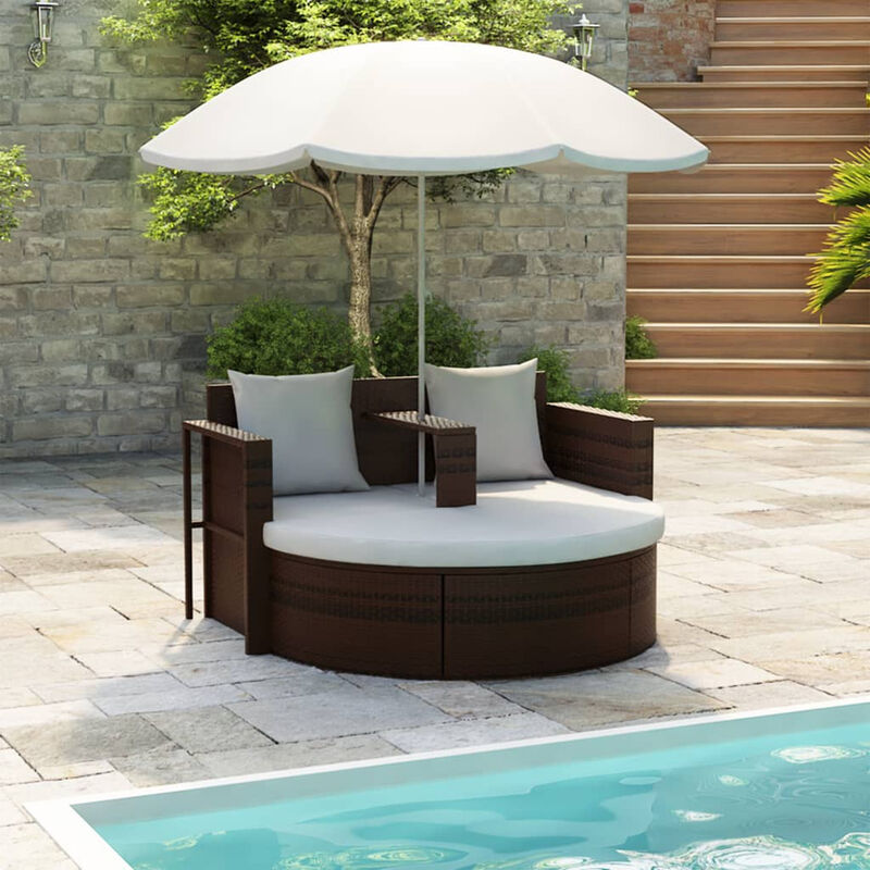 

Cama de jardin con sombrilla de ratan sintetico marron