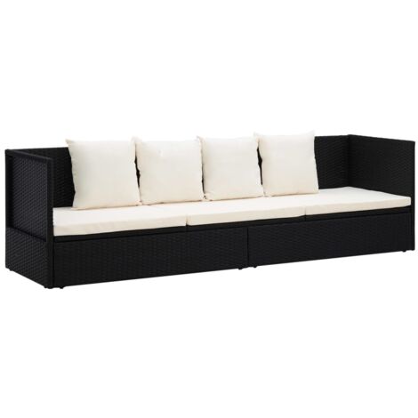 Cama de jardín tumbona tumbona con cojín y almohadas resina tejida negra 020012001