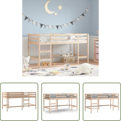 Cama de madera -  Cama alta de niños escalera madera maciza pino 80x200 cm