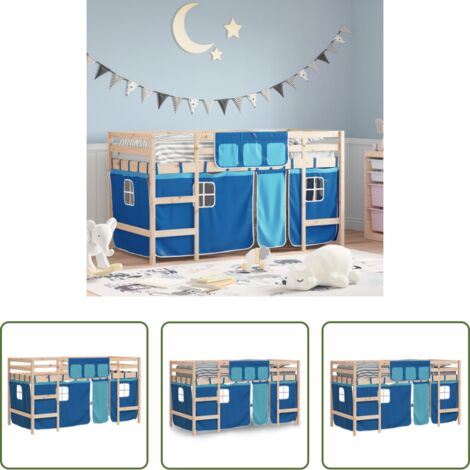 Cama de madera -  Cama alta para niños con cortinas madera pino azul 80x200 cm