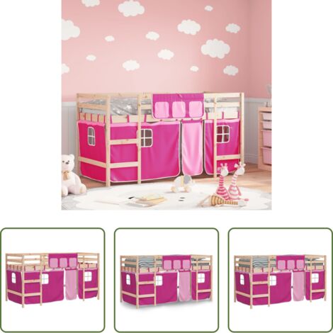 Cama de madera -  Cama alta para niños con cortinas madera pino rosa 80x200 cm