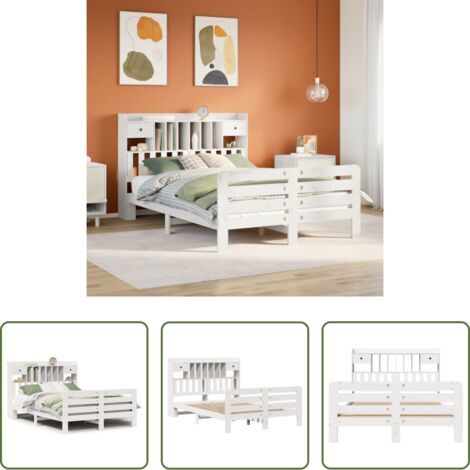 Cama de madera -  Cama con estantería sin colchón madera maciza blanca 150x200 cm